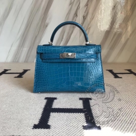 Hermes Kelly New 20cm Crocodile Alligator 7W Shiny Blue Izmir
