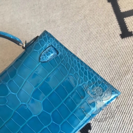 Hermes Kelly New 20cm Crocodile Alligator 7W Shiny Blue Izmir