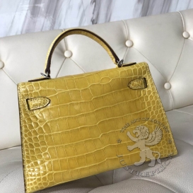 Hermes Kelly New 20cm Crocodile Alligator Shiny 9H Soleil 