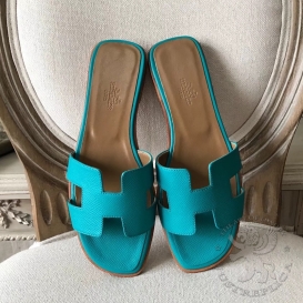 Hermes Slippers Epsom Blue Lagon