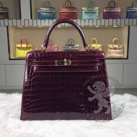 Hermes Kelly Crocodile Shiny Porosus 28cm Sellier Burgundy