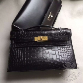Hermes Kelly Pochette 22cm Crocodile Alligator Matte Black