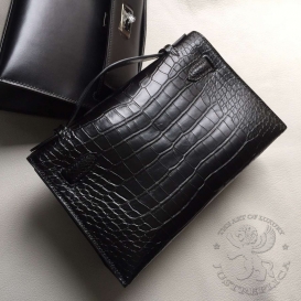 Hermes Kelly Pochette 22cm Crocodile Alligator Matte Black