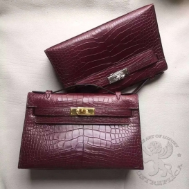 Hermes Kelly Pochette 22cm Crocodile Alligator Matte Bordeaux 57