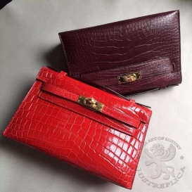 Hermes Kelly Pochette 22cm Crocodile Alligator Matte Bordeaux 57