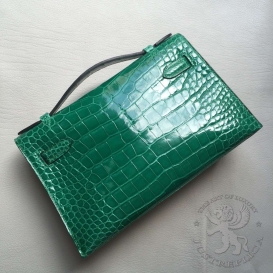 Hermes Kelly Pochette 22cm Crocodile Alligator Vert Emeraud 6Q