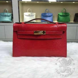 Hermes Kelly Pochette 22cm Lizard Rouge Casaque Q5