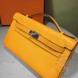 Hermes Kelly Pochette 22cm Lizard Jaune D'or 9V