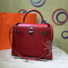 Hermes Kelly Epsom 28cm Rouge Casaque White Stitching