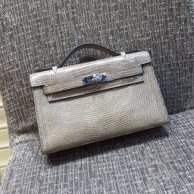 Hermes Kelly Pochette 22cm Lizard Gris Fonce