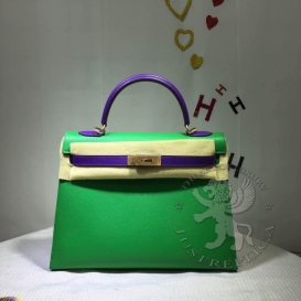 Hermes Kelly Epsom 32cm Bi-color Bamboo/Anemone