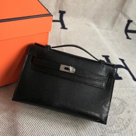 Hermes Kelly Pochette 22cm Lizard Black