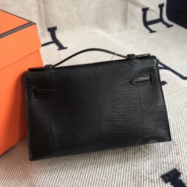 Hermes Kelly Pochette 22cm Lizard Black