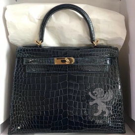 Hermes Kelly 28cm Crocodile Porosus Shiny Colvert 1P