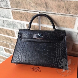 Hermes Kelly New 20cm Crocodile Alligator Matt Black