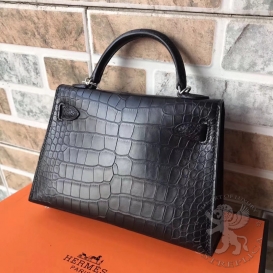 Hermes Kelly New 20cm Crocodile Alligator Matt Black