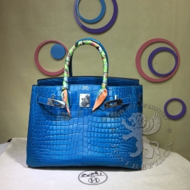 Hermes Birkin Crocodile Shiny Porosus 30cm Blue Izmir