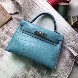 Hermes Kelly New 20cm Crocodile Alligator Matt Bleu Azteque 7M