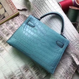 Hermes Kelly New 20cm Crocodile Alligator Matt Bleu Azteque 7M