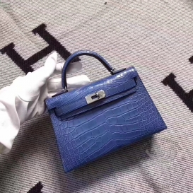 Hermes Kelly New 20cm Crocodile Alligator Matt Bleu Thalassa 7A