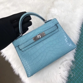 Hermes Kelly New 20cm Crocodile Alligator Matt Blue