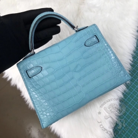 Hermes Kelly New 20cm Crocodile Alligator Matt Blue
