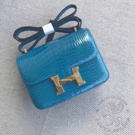 Hermes Constance Crocodile Shiny Alligator 18cm  Bleu Izmir 7W