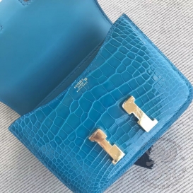 Hermes Constance Crocodile Shiny Alligator 18cm  Bleu Izmir 7W