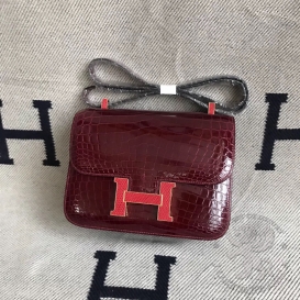 Hermes Constance Crocodile Shiny Niloticus 23cm Bourgogne F5