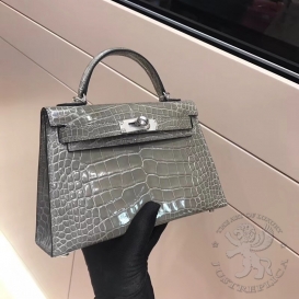 Hermes Kelly New 20cm Crocodile Shiny Gris Tourterelle 81