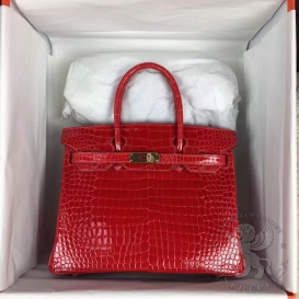 Hermes Birkin Crocodile Shiny Porosus 30cm Rouge Casaque