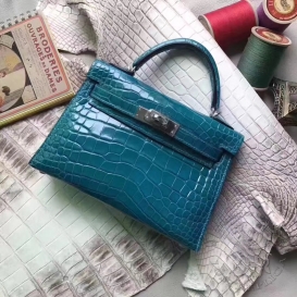 Hermes Kelly New 20cm Crocodile Alligator Shiny Turquoise 7B