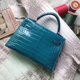 Hermes Kelly New 20cm Crocodile Alligator Shiny Turquoise 7B