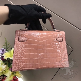 Hermes Kelly New 20cm Crocodile Alligator Shiny Rose Tea 3L