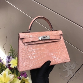 Hermes Kelly New 20cm Crocodile Alligator Shiny Rose Tea 3L