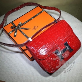 Hermes Constance Crocodile Niloticus Shiny 23cm Double Gusset Red