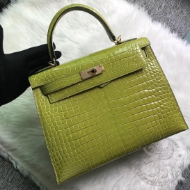 Hermes Kelly Crocodile Shiny Porosus 28cm Anis Green