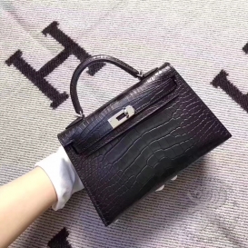 Hermes Kelly New 20cm Crocodile Matt Black