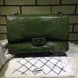 Chanel Classic Crocodile Matte Jumbo 30.5cm Olive Green