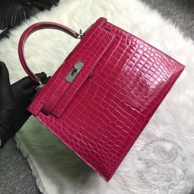 Hermes Kelly Crocodile Shiny Porosus 28cm Rose Sheherazade J5