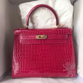 Hermes Kelly Crocodile Shiny Porosus 28cm Rose Sheherazade J5