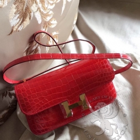 Hermes Constance Crocodile Shiny Niloticus 26cm Double Gusset Rouge Casaque