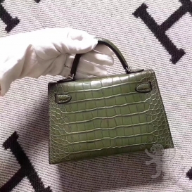 Hermes Kelly New 20cm Crocodile Alligator Matt Green