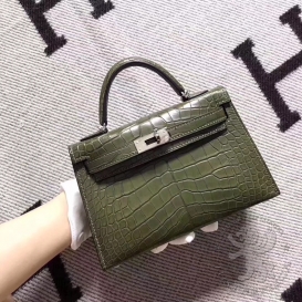 Hermes Kelly New 20cm Crocodile Alligator Matt Green