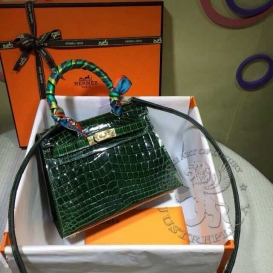 Hermes Kelly Crocodile Shiny Niloticus 20cm Green