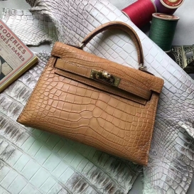 Hermes Kelly New 20cm Crocodile Alligator Matt Light Brown