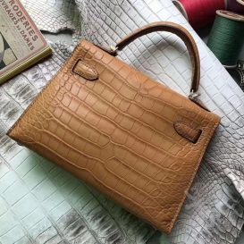 Hermes Kelly New 20cm Crocodile Alligator Matt Light Brown