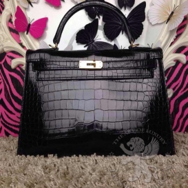 Hermes Kelly Crocodile Shiny Niloticus 28cm Sellier Black