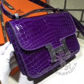Hermes Constance Crocodile Shiny Porosus 23cm Double Gusset Violet