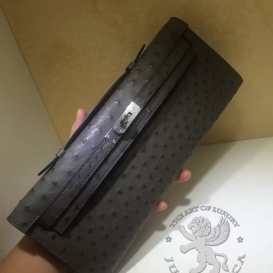 Hermes Kelly Cut Clutch Oostrich Grey